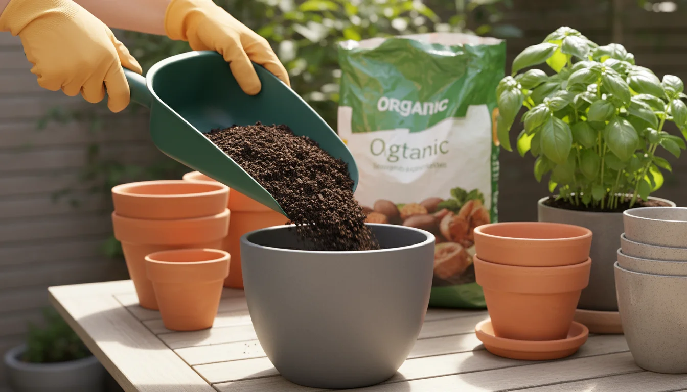 Hands efficiently scoop dark potting mix from a bag into a gray ceramic pot using a wide plastic potting scoop on a tidy patio table.