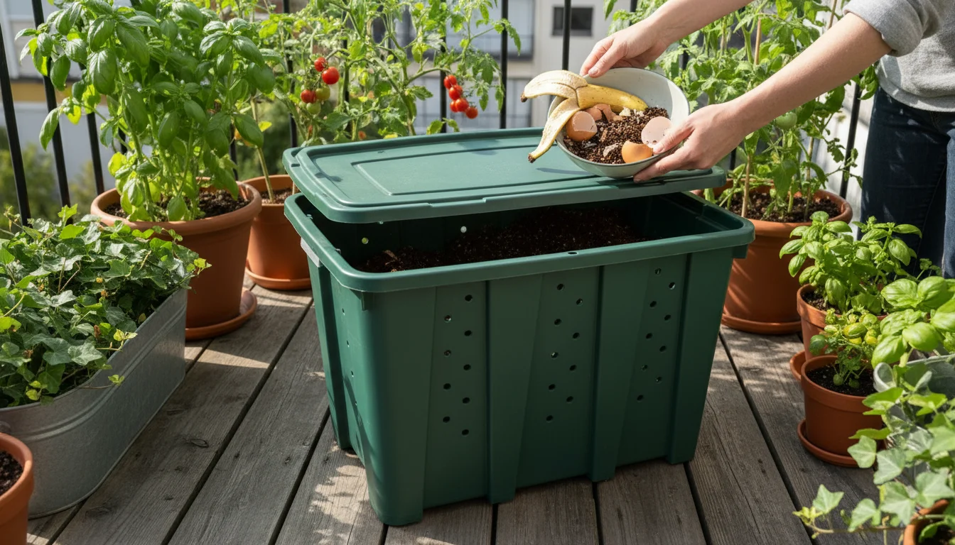 Hands empty kitchen scraps into a DIY dark green plastic tote compost bin on a small urban balcony, surrounded by potted plants.