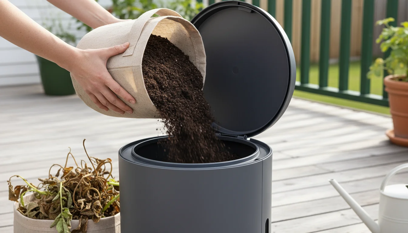 Hands gently empty spent soil from a fabric grow bag into a compact patio compost tumbler on a bright balcony, with dried potato foliage nearby.