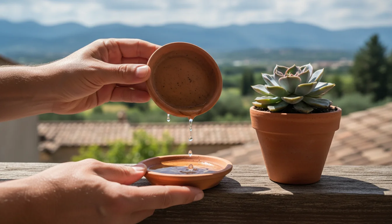 Hands empty a terracotta saucer of excess water from a potted Echeveria succulent on a sunny balcony railing.
