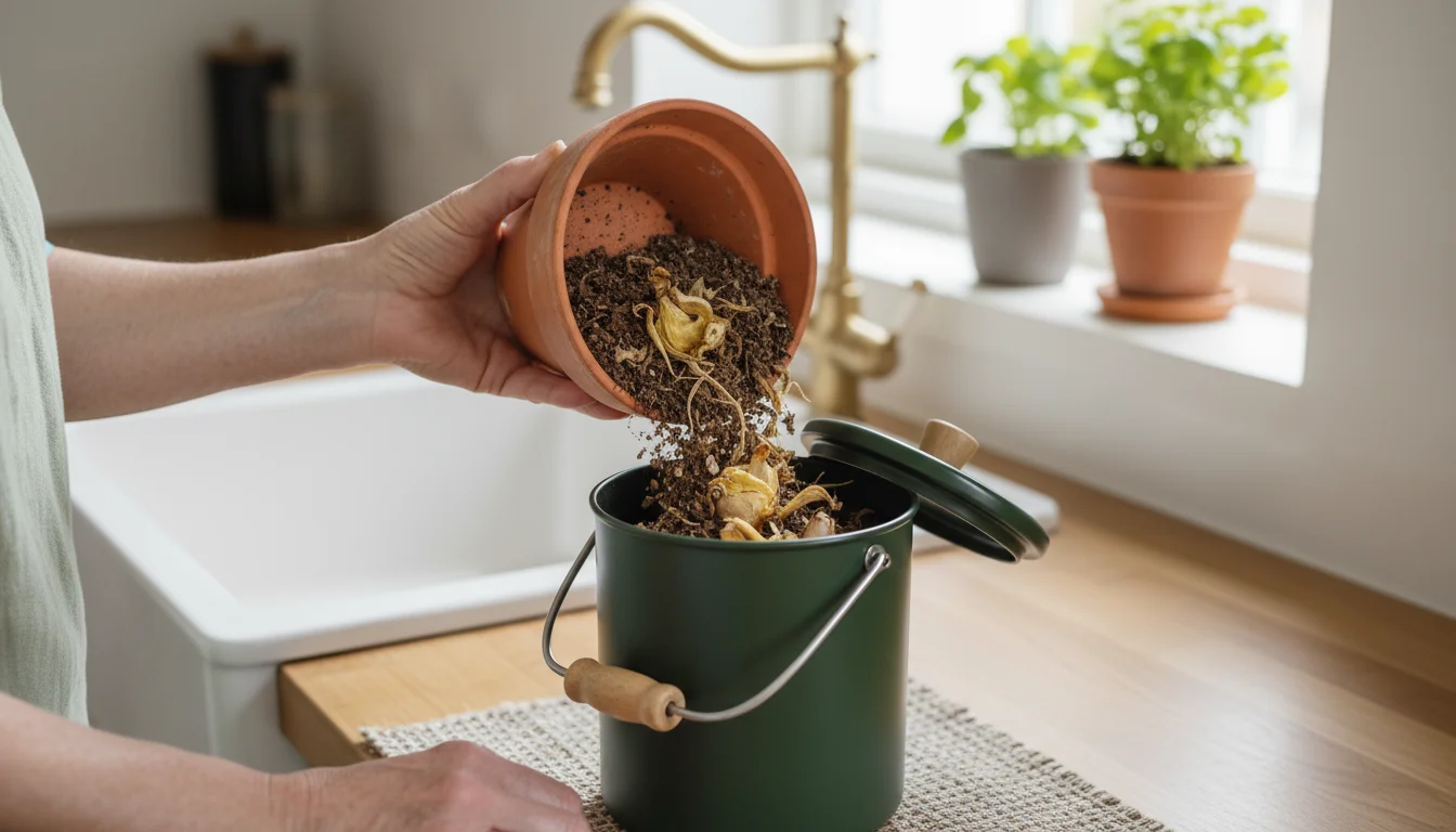 Hands emptying spent soil and faded bulb remnants from a terracotta pot into a small compost bin on a patio table.