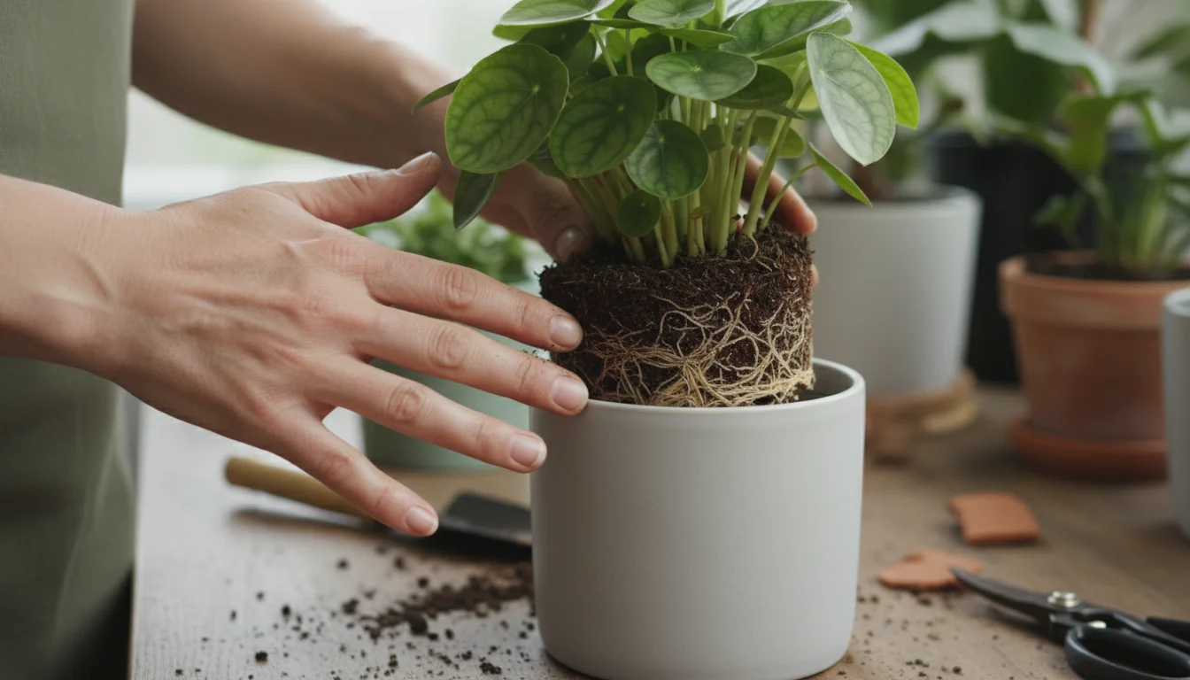 Hands gently examine a compact houseplant's root ball, showing densely circled roots after it was removed from its ceramic pot.