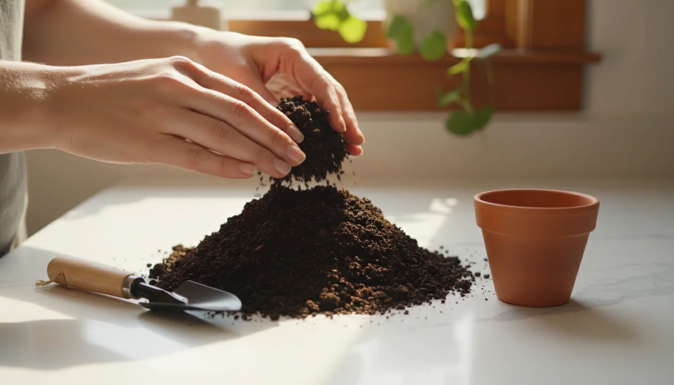 Hands gently examine dark, rich vermicompost on a kitchen counter next to a small terracotta pot.