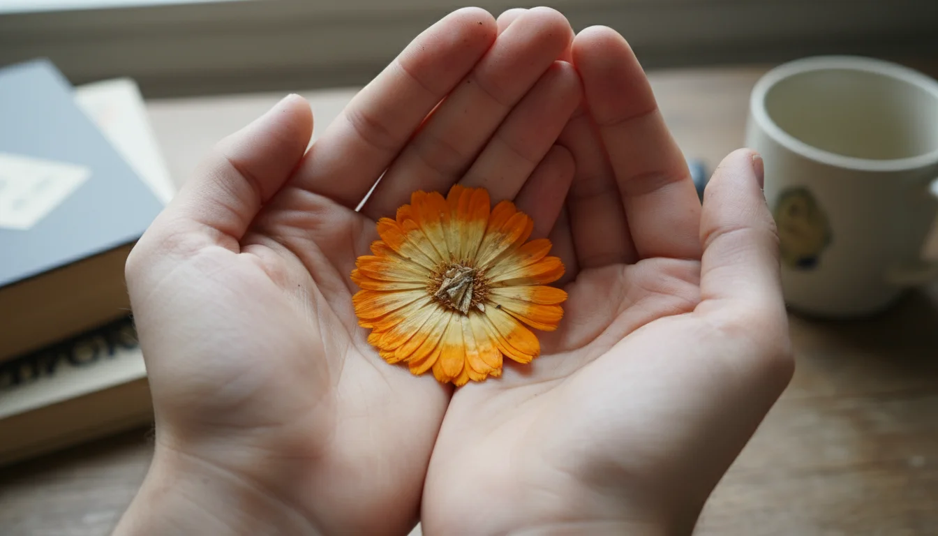 Hands examine a discolored, crinkled pressed calendula flower on a wooden balcony table with a flower press and journal.