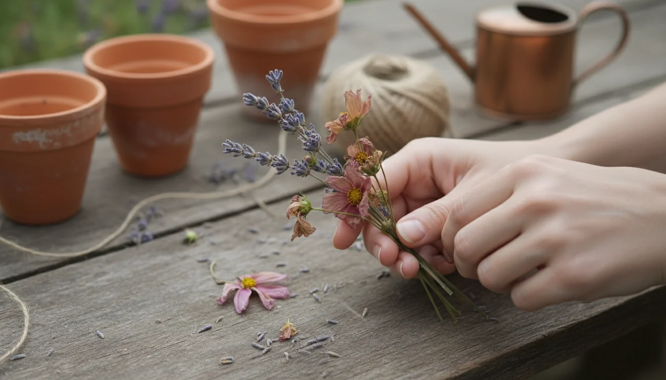 Hands gently examine discolored, shriveled dried lavender and cosmos on a rustic wooden bench.