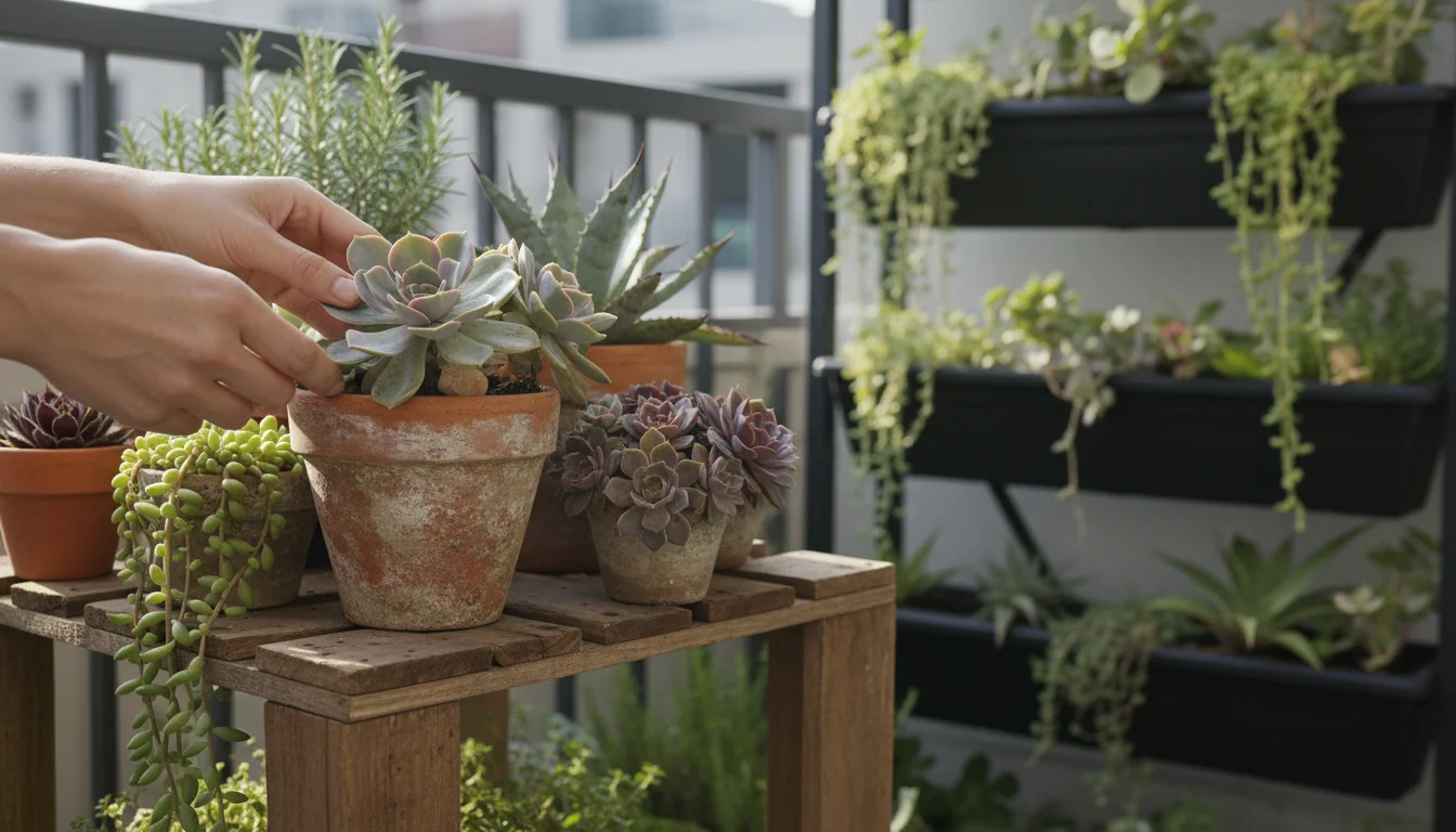 Hands gently examine an echeveria in a terracotta pot on a rustic balcony shelf, surrounded by other drought-tolerant plants.