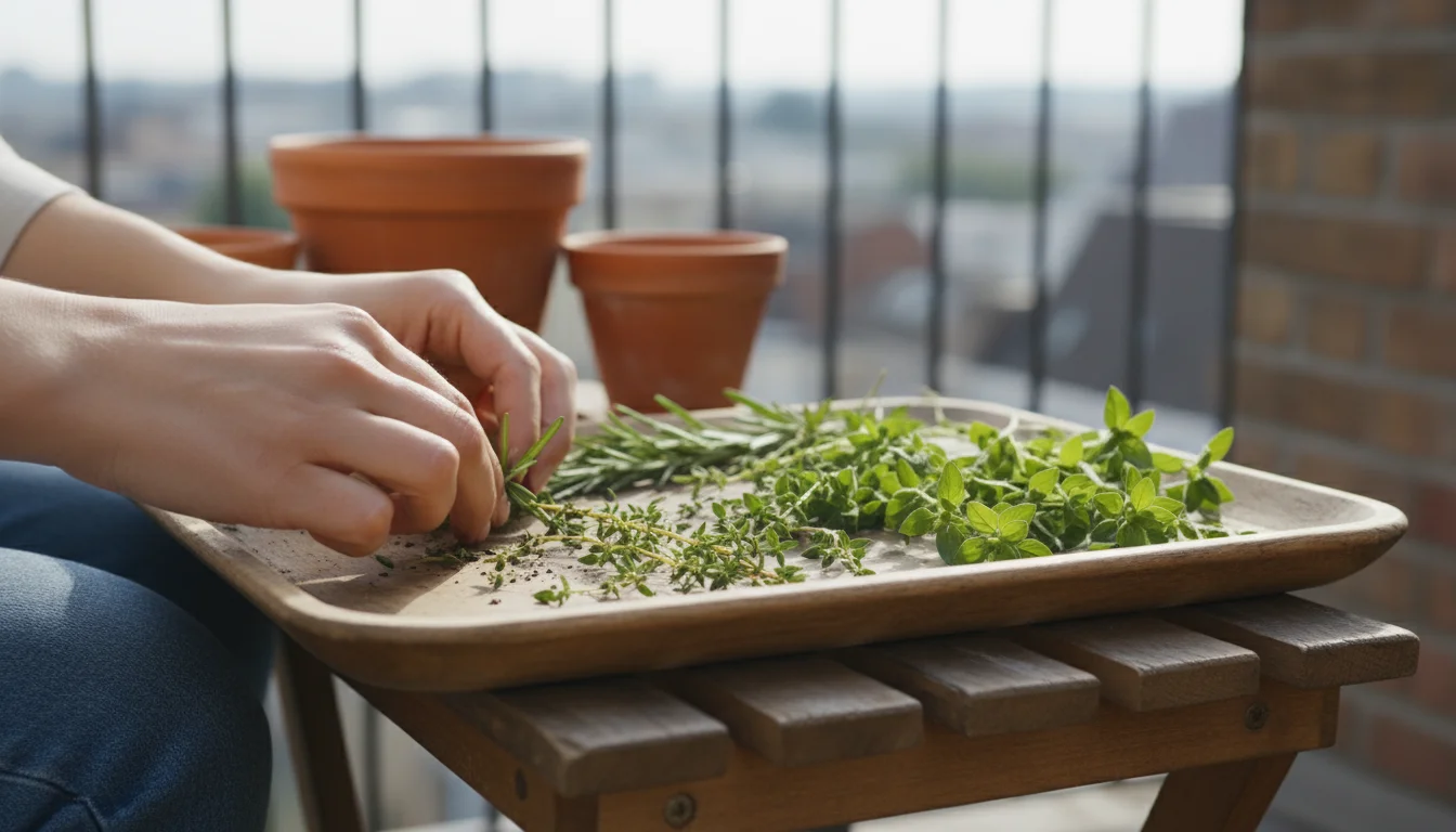 Hands examine fresh rosemary, thyme, and oregano on a wooden tray on a small balcony gardening bench, surrounded by container plants.