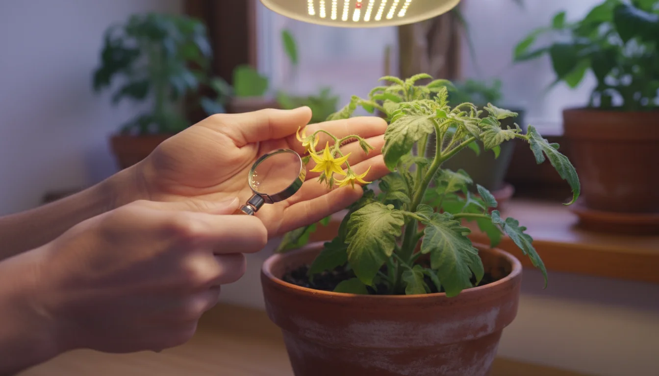 Hands gently examine open yellow tomato flowers on an indoor plant under a purple LED grow light, holding a small brush.