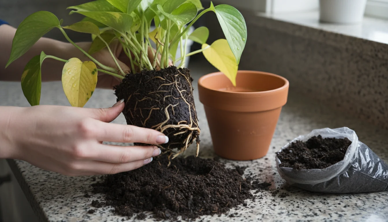 Hands gently examine the root ball of a houseplant pulled from its pot, revealing dark, mushy roots indicative of rot.