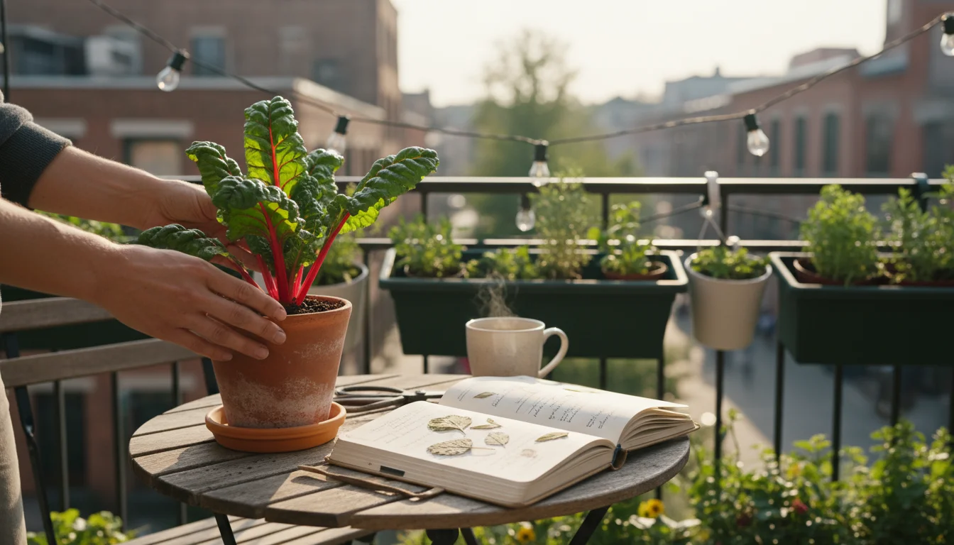 Hands gently examine a Swiss chard leaf in a terracotta pot on a balcony table, beside an open gardening journal and small snips.