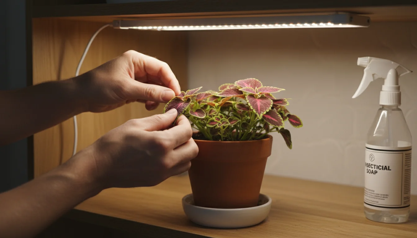 Hands gently examine the underside of a leaf on a small potted plant under an LED grow light. A spray bottle of insecticidal soap is nearby.