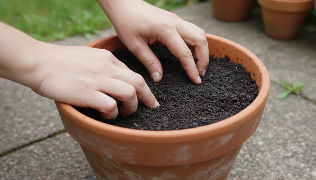 Hands gently feeling compacted, dark potting soil in a terracotta pot, showing dense structure and poor aeration.