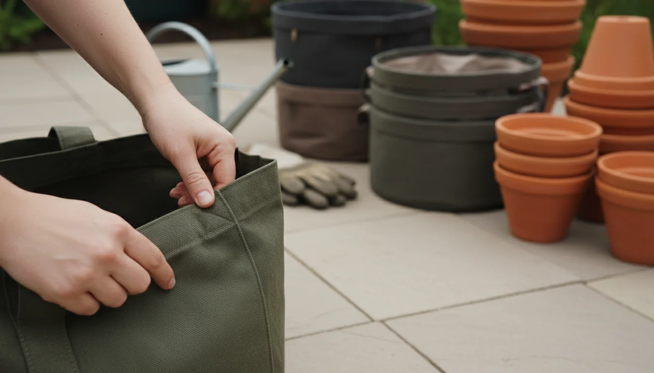 Close-up of hands feeling a dark olive-green fabric garden tote bag on a patio, with other empty grow bags and pots blurred in background.