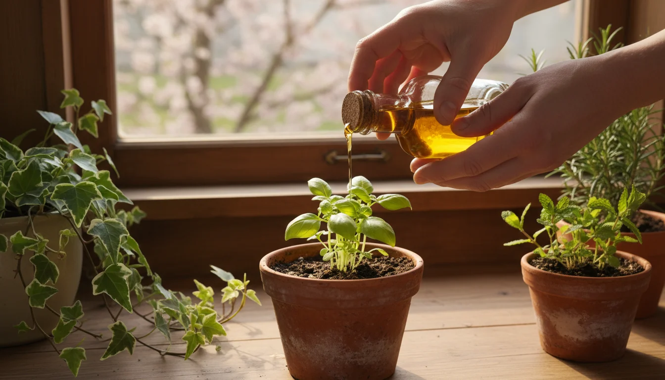 Hands fertilizing a small terracotta pot with new green growth on a bright windowsill, surrounded by other container plants.