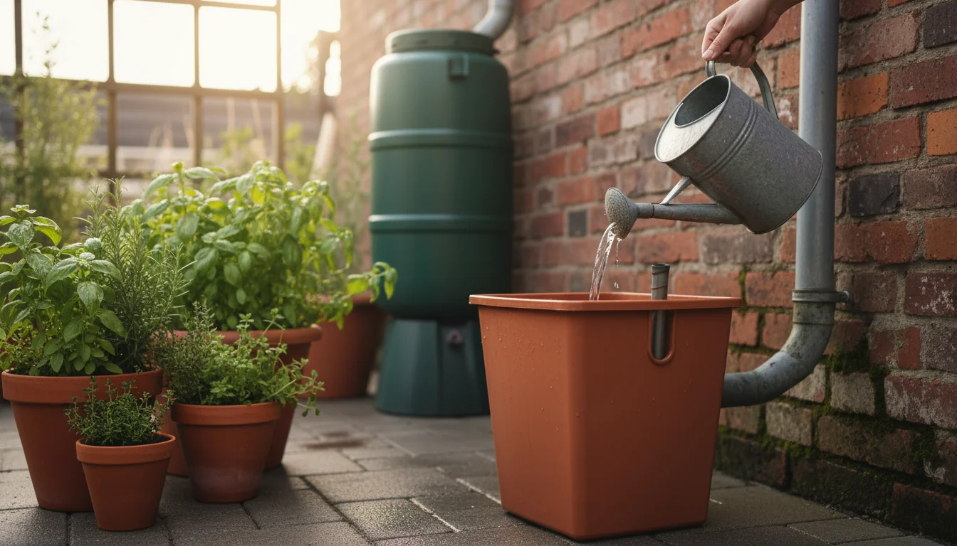 Hands fill a self-watering container with rainwater from a galvanized can, with a rain barrel connected to a downspout in background.