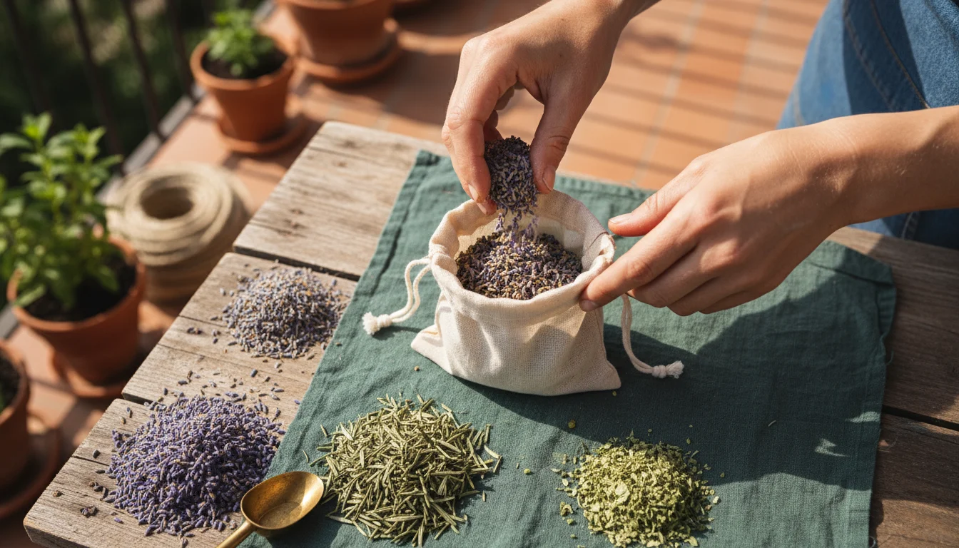 Hands gently fill a small fabric sachet with dried lavender and rosemary on a rustic balcony potting bench, with more herbs and twine nearby.