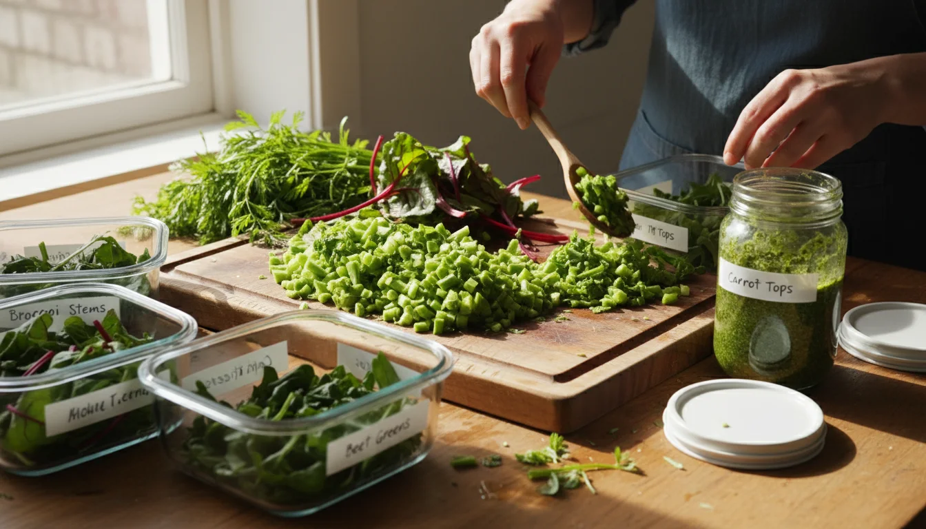 Hands filling clear containers with chopped carrot tops, beet greens, and broccoli stems on a kitchen counter, next to a jar of pesto.