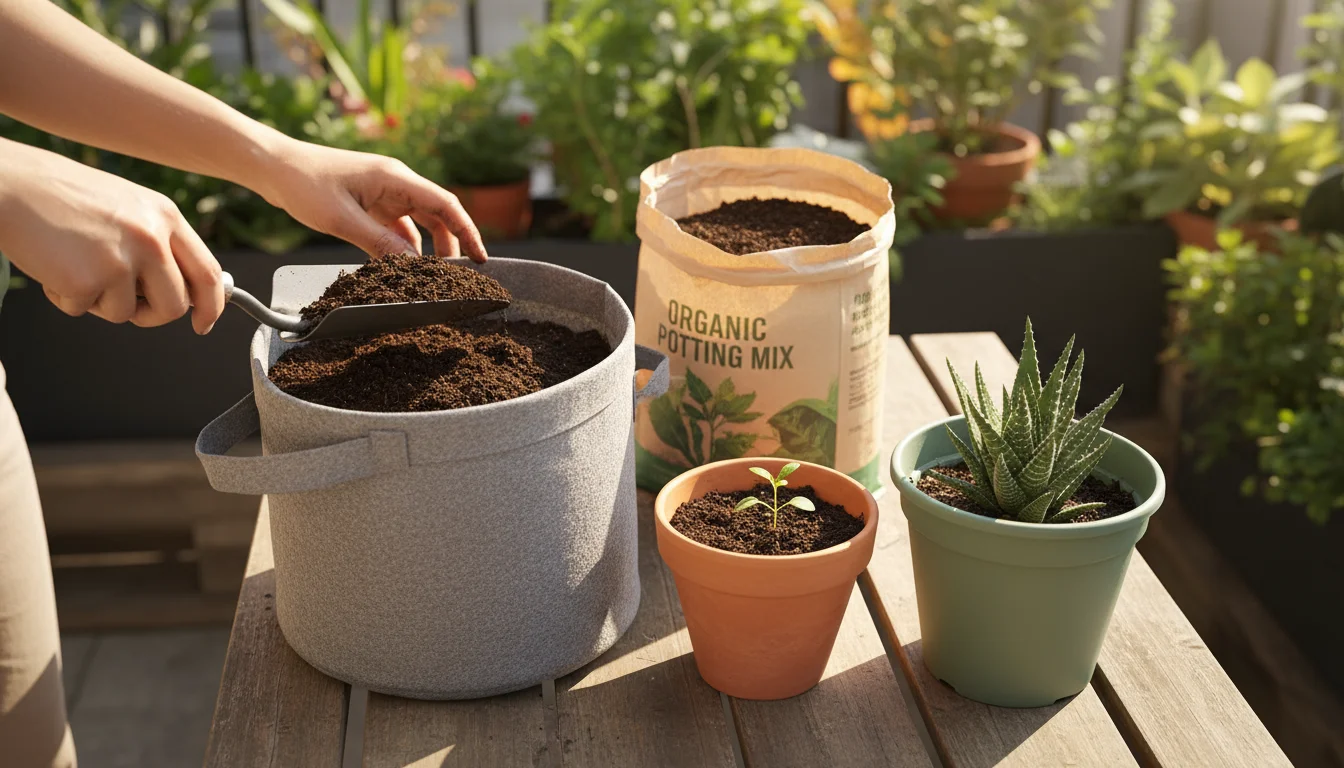 Hands filling a fabric grow bag with organic potting mix on a wooden table, surrounded by other sustainable containers like terracotta and recycled pl