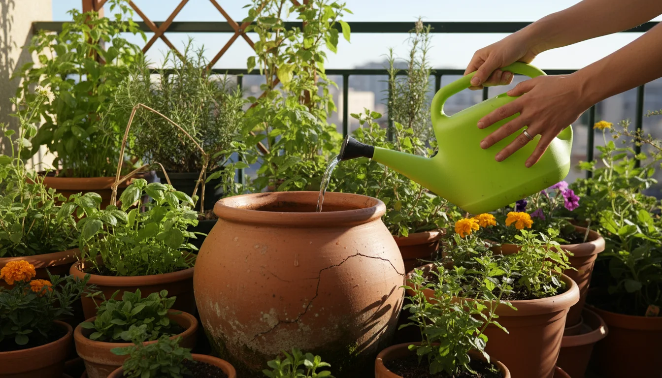 Hands filling a green watering can from a large terracotta water collection pot on a sunny balcony, surrounded by healthy container plants.