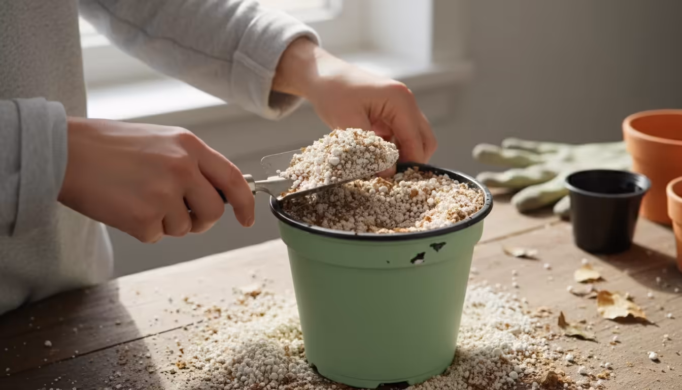Hands filling a hand-painted, repurposed plastic nursery pot with lightweight, perlite-rich potting mix on a weathered concrete balcony.