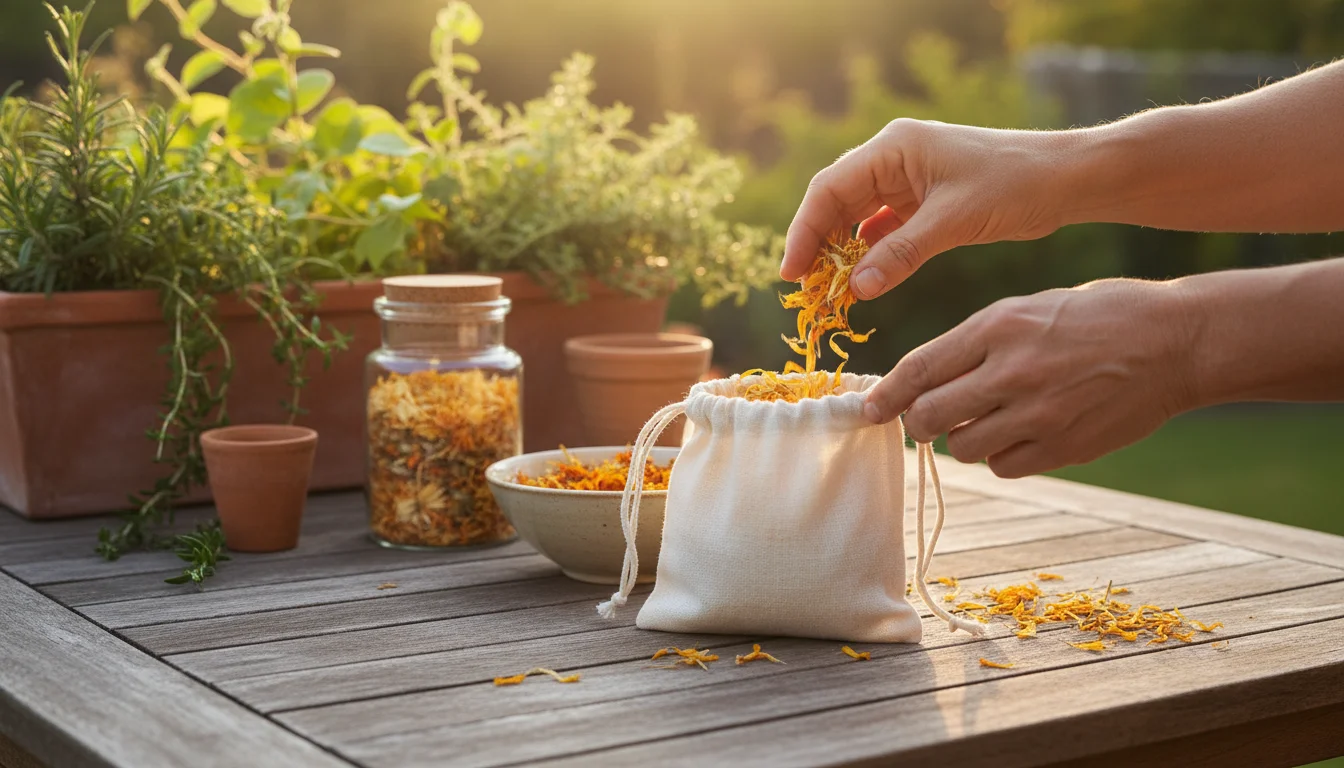 Hands filling a linen sachet with colorful dried flower petals on a wooden table, with a bowl of petals and a glass jar nearby, on a sunlit balcony ga