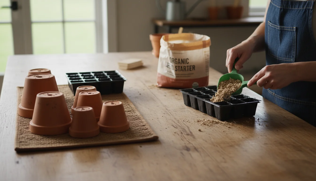 Hands filling a multi-cell seed tray with sterile seed starting mix on a wooden table, with clean, drying pots nearby.