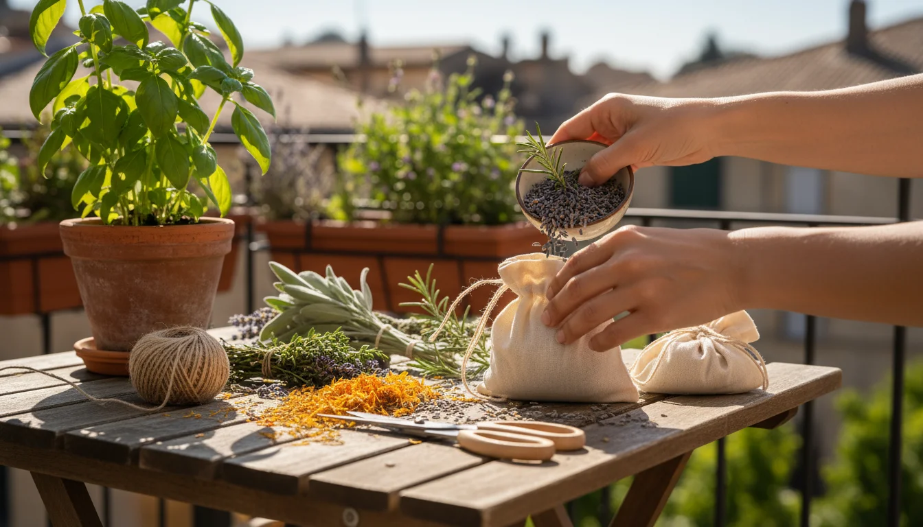 Hands filling a muslin sachet with dried lavender and rosemary on a weathered wooden table. Nearby are loose petals, tied herb bundles, and finished s