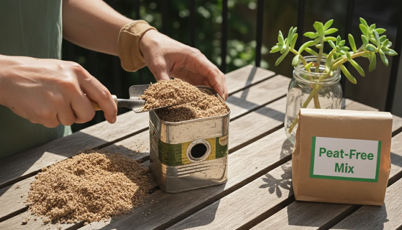 Hands filling a repurposed olive oil tin with peat-free potting mix on a wooden table, surrounded by other upcycled planters.