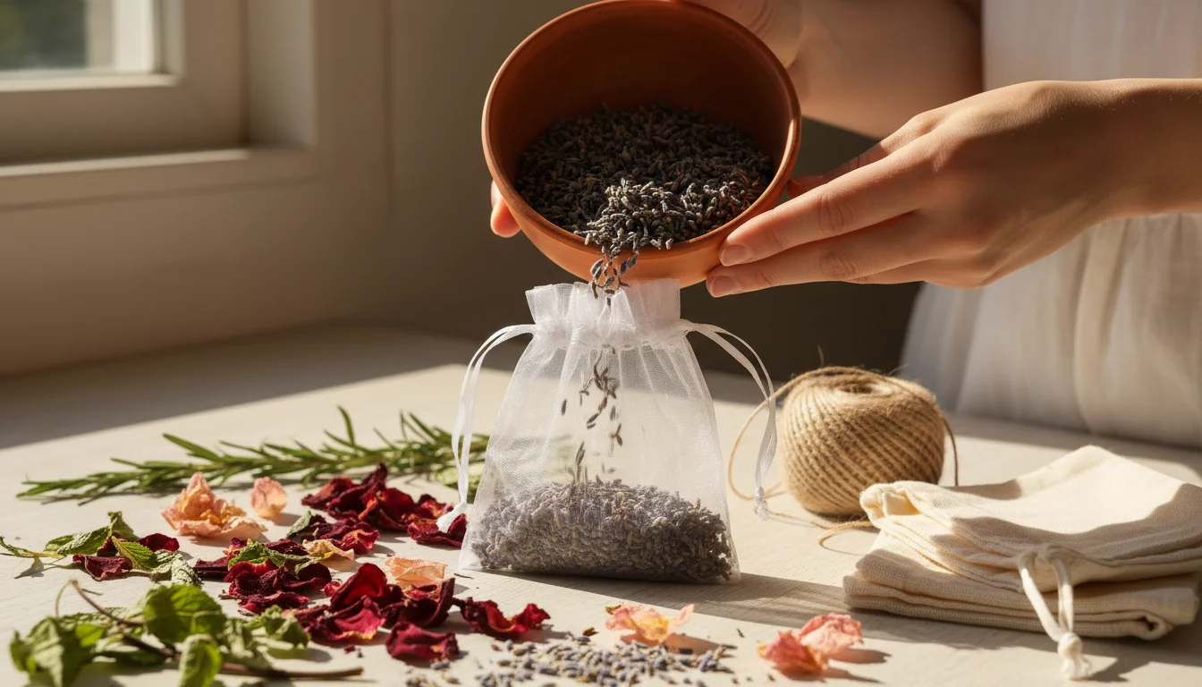 Close-up of hands filling a sheer bag with dried lavender, surrounded by dried mint, rosemary, rose petals, twine, and empty fabric bags on a light wo