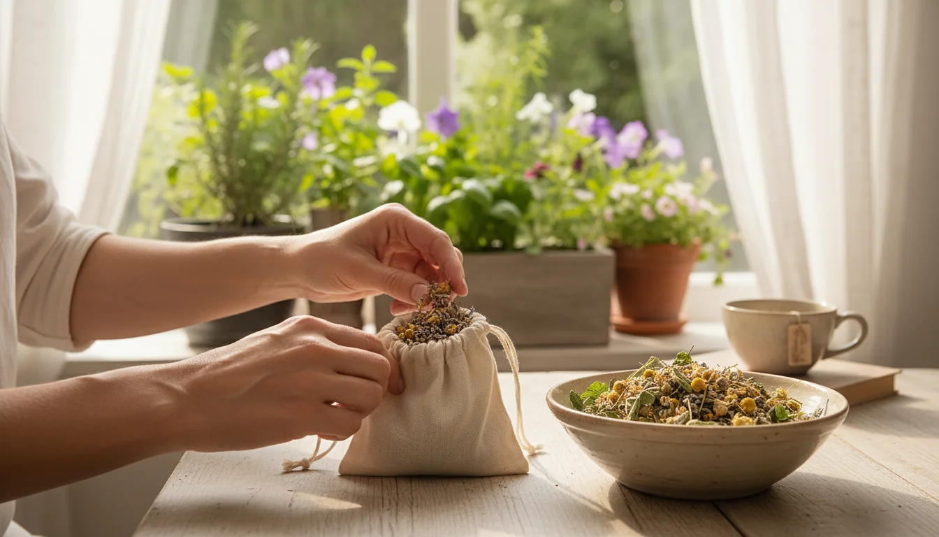 Close-up of hands filling a small fabric sachet with dried herbs like lavender and chamomile on a rustic wooden surface.