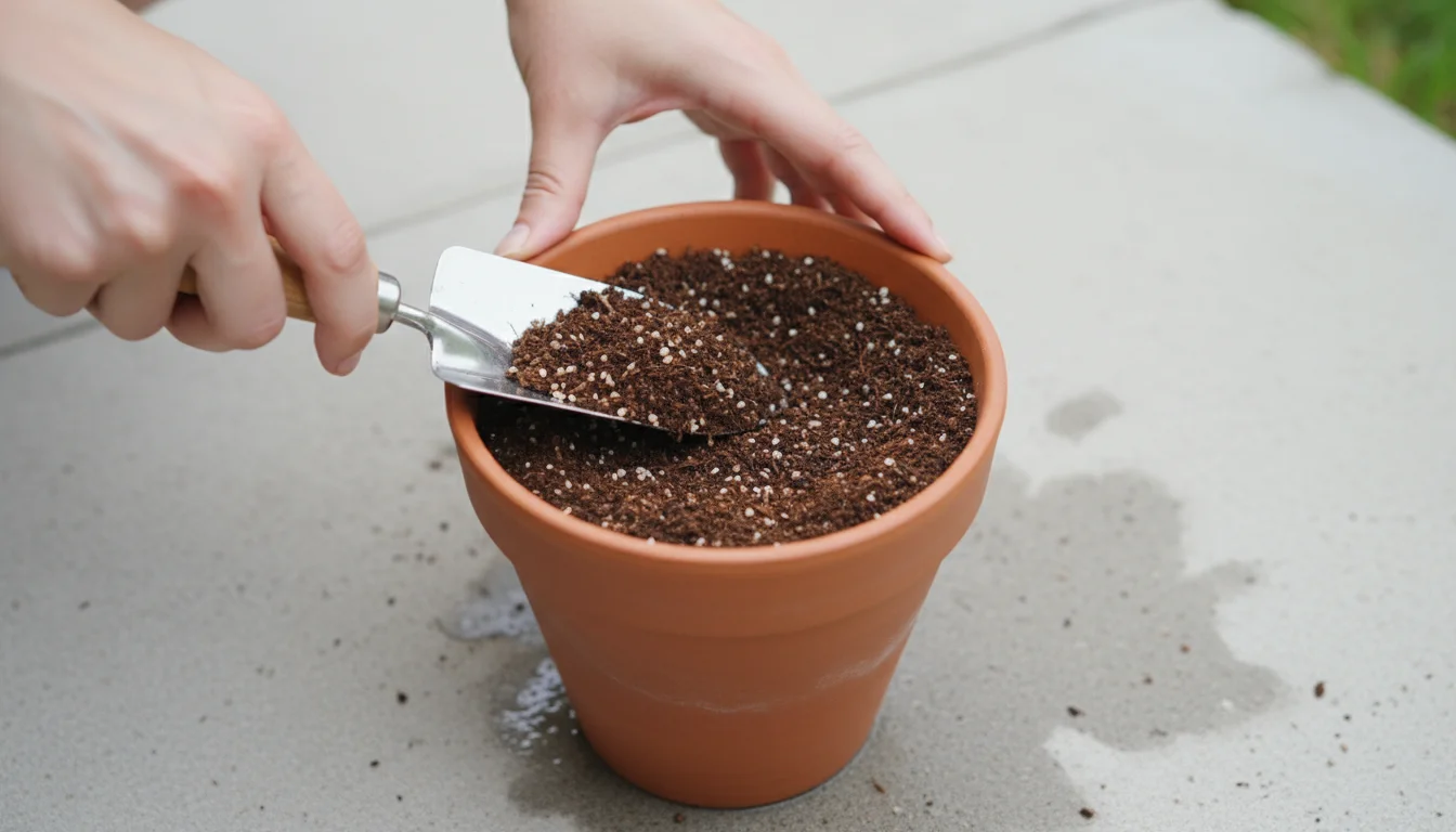 Hands gently filling a small modern terracotta pot with dark potting mix, leaving space at the top, on a clean patio surface.