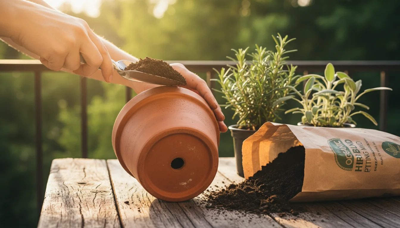 Hands filling a terracotta pot with potting mix on a sunny balcony table, with herb seedlings and more mix nearby.