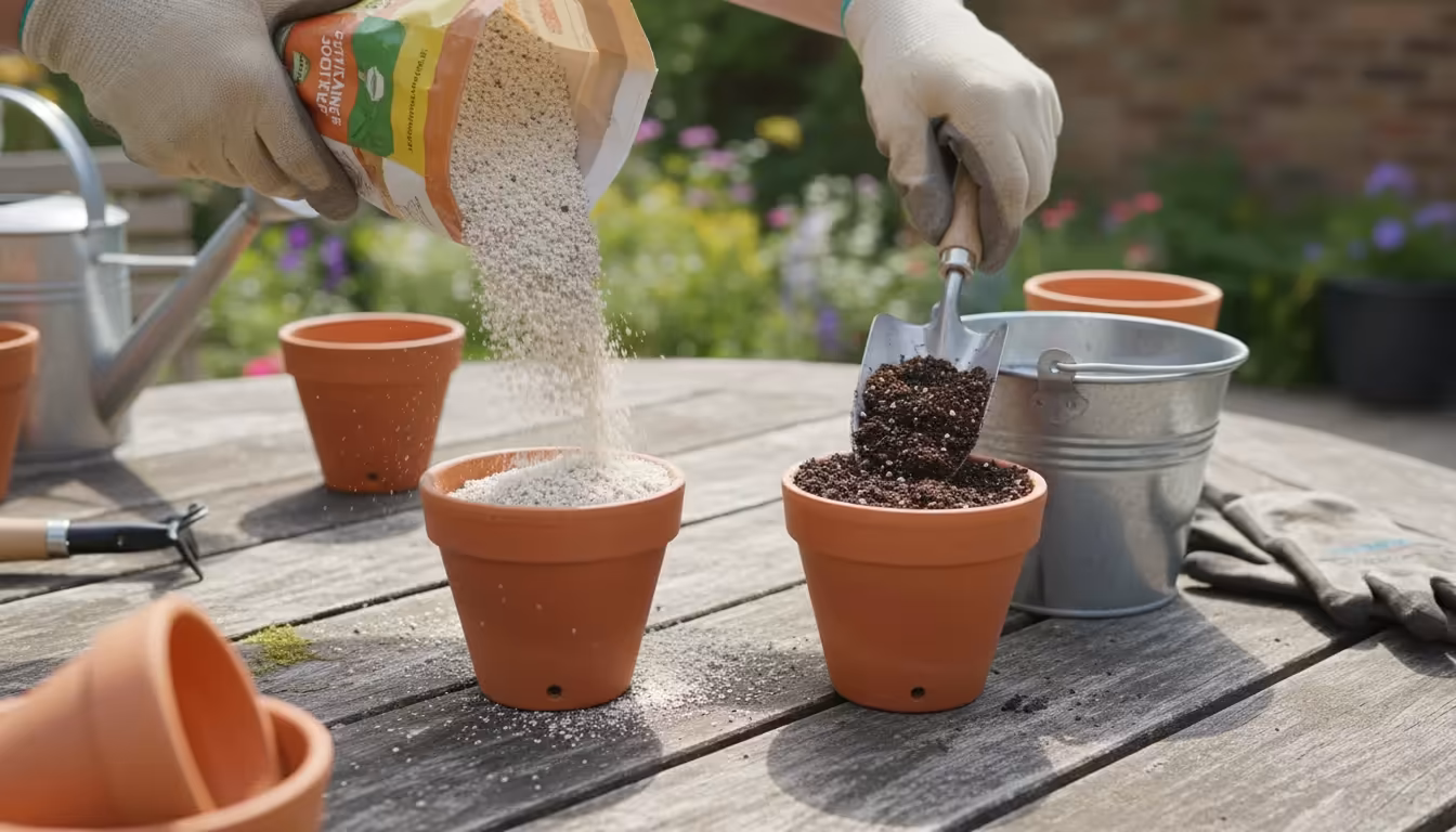 Hands filling two pots on a sunlit patio table, contrasting light, fluffy potting mix with dark, dense garden soil.