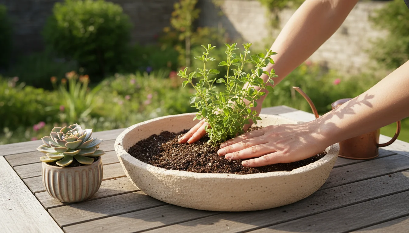 Hands gently firming soil around a small oregano plant in a wide terracotta planter, with succulents nearby on a wooden table.