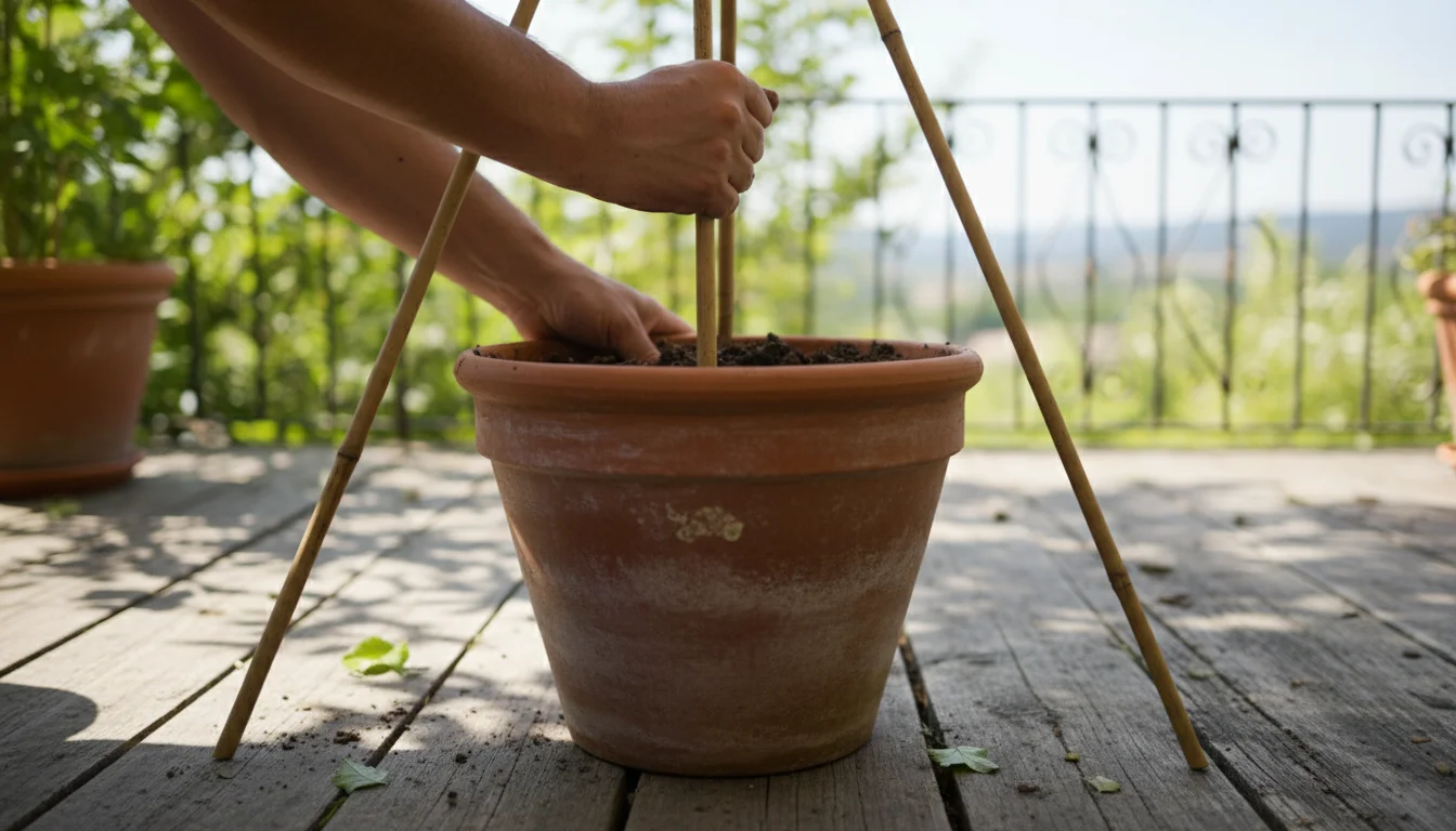 Hands firmly push a bamboo stake into a terracotta pot, forming a sturdy tepee trellis for climbing peas on a sunlit balcony.