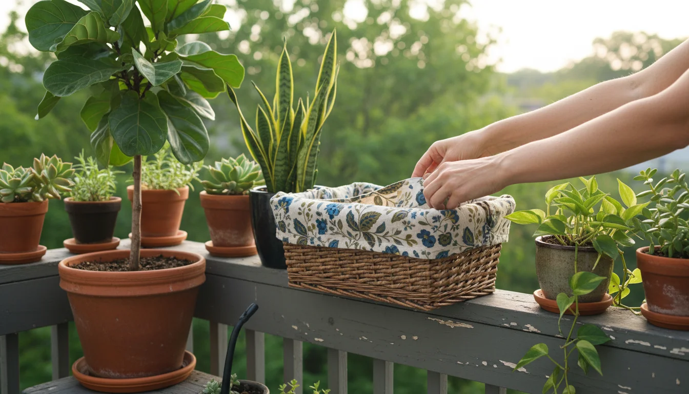 Hands fitting patterned fabric into a rectangular woven basket on a balcony, transforming it into a plant liner next to a green plant.