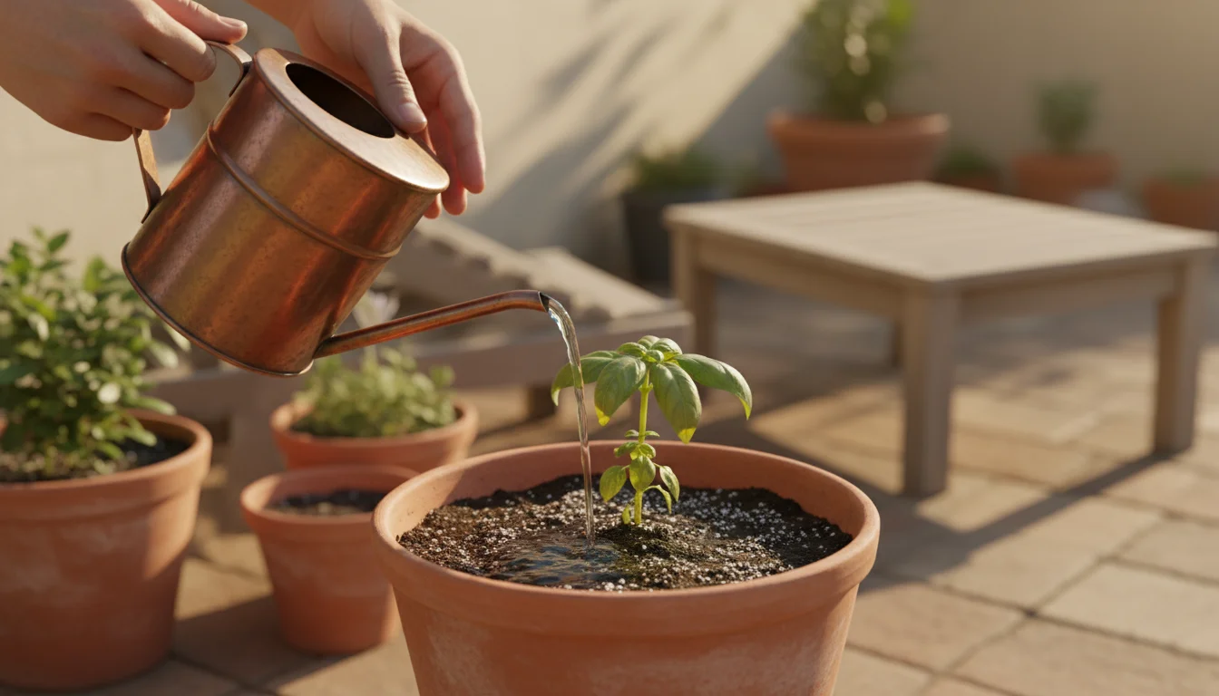 Hands flushing a distressed basil plant in a terracotta pot on a sunny patio, with yellowed leaf tips and a white crust visible on the soil.