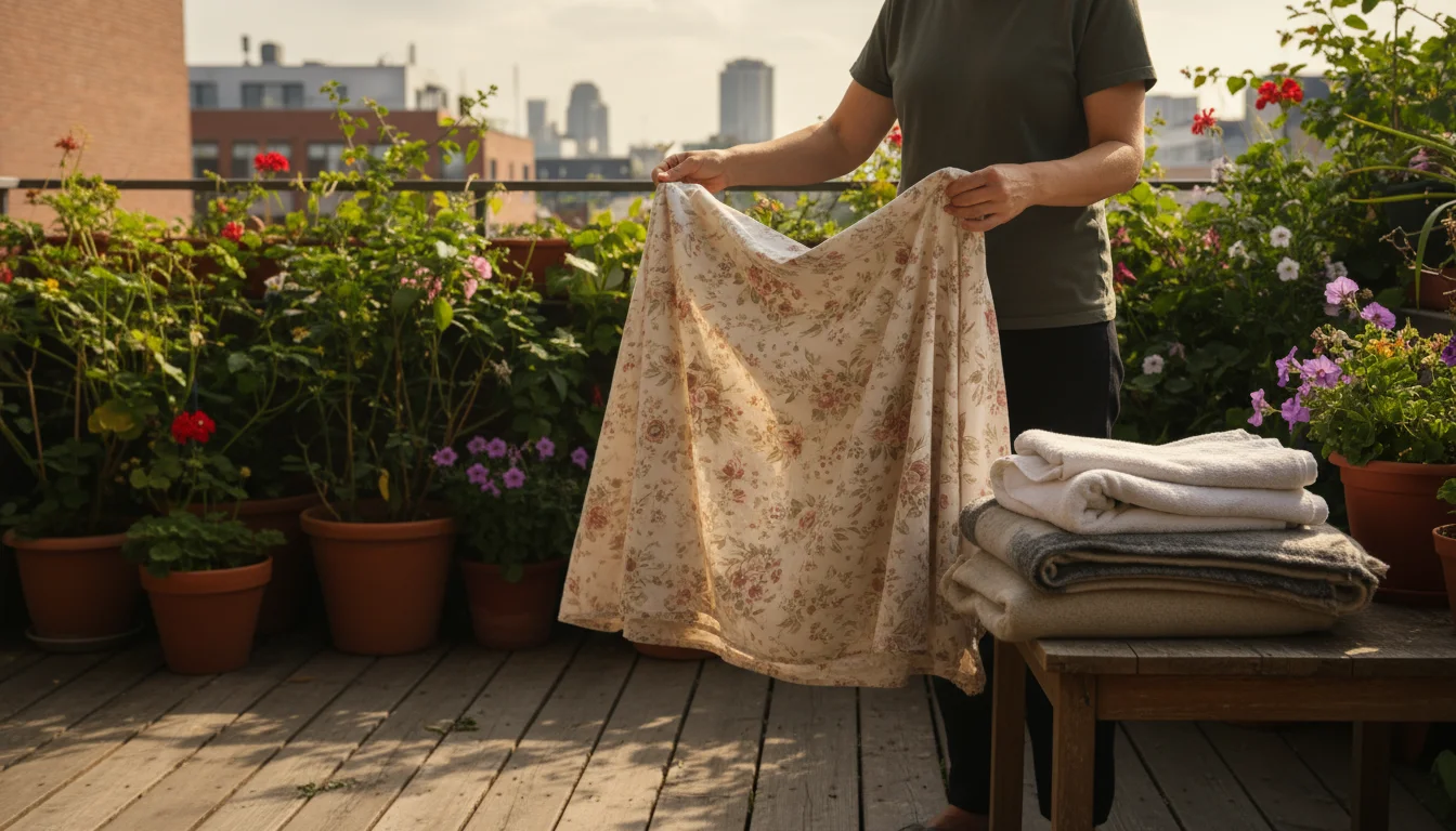 Hands folding a faded floral bed sheet on a balcony, with a stack of old blankets and towels nearby, ready to protect container plants.