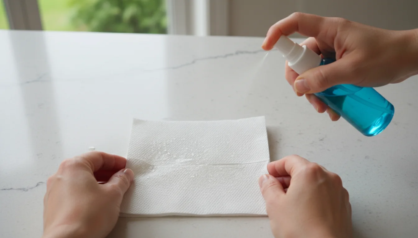 Close-up of hands folding a white paper towel and misting it with a spray bottle on a light surface, demonstrating seed starting prep.
