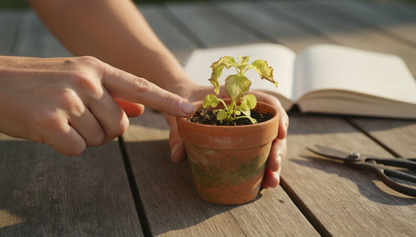 Hands of a gardener examining a slightly yellowing coleus cutting in a terracotta pot on a patio table, with an open journal nearby.