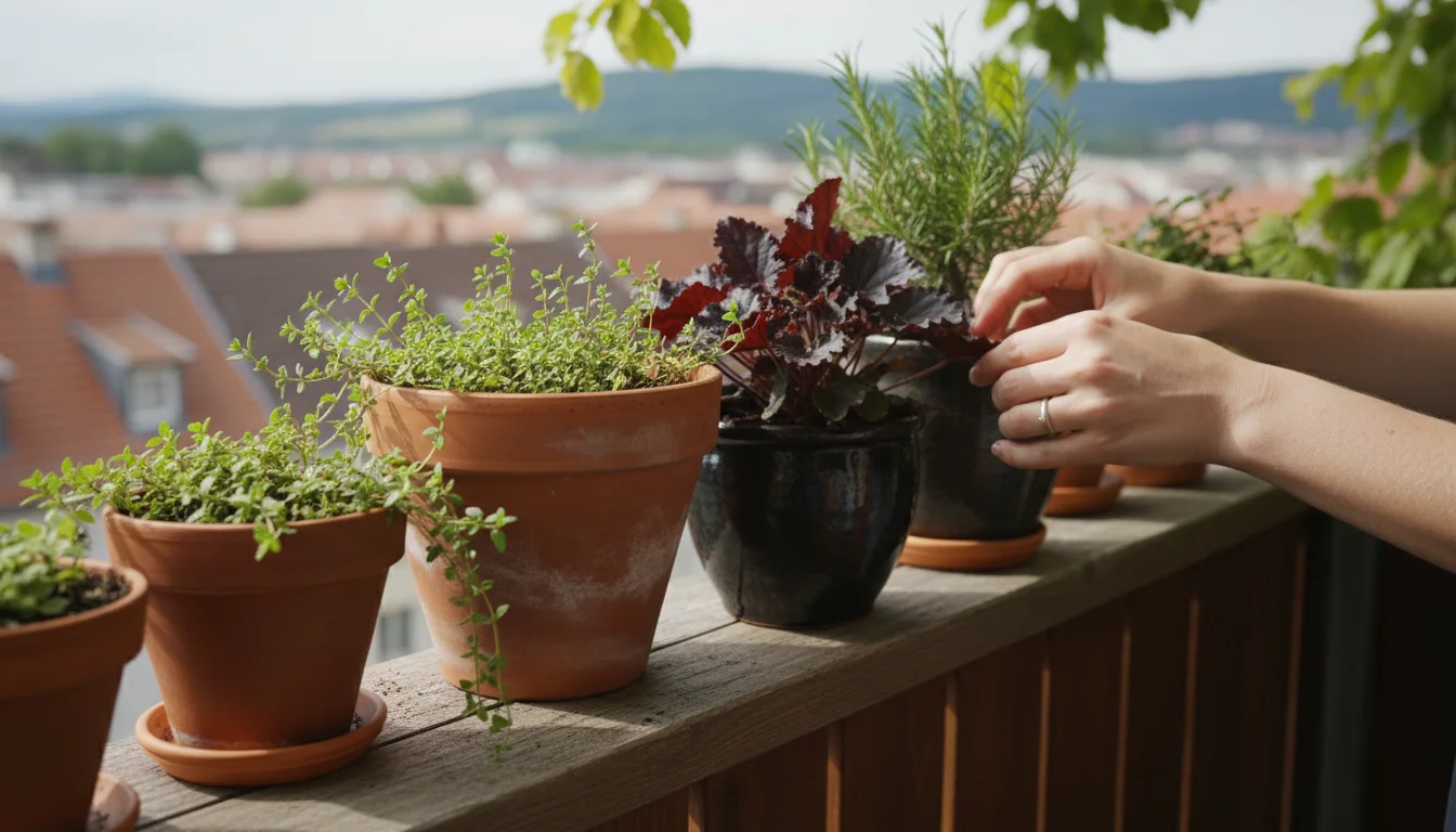 Hands in gardening gloves adjusting a plant tag among a diverse cluster of potted herbs and foliage plants on a wooden balcony railing.