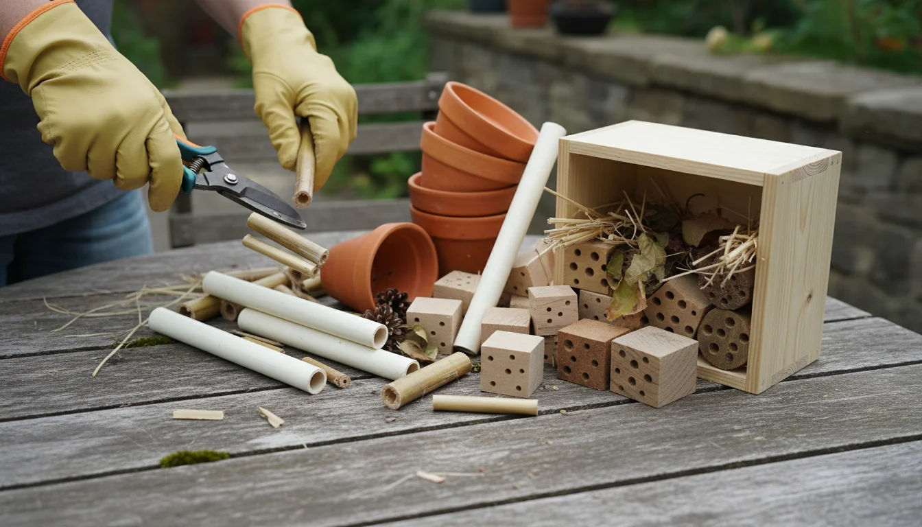 Hands in gardening gloves cut plant stems with pruners on a wooden table, surrounded by a wooden crate, terracotta pots, PVC pipes, and drilled wood b