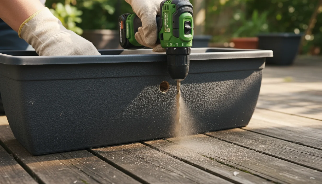 Hands in gardening gloves drilling a drainage hole into the bottom of a dark grey window box on a wooden deck.