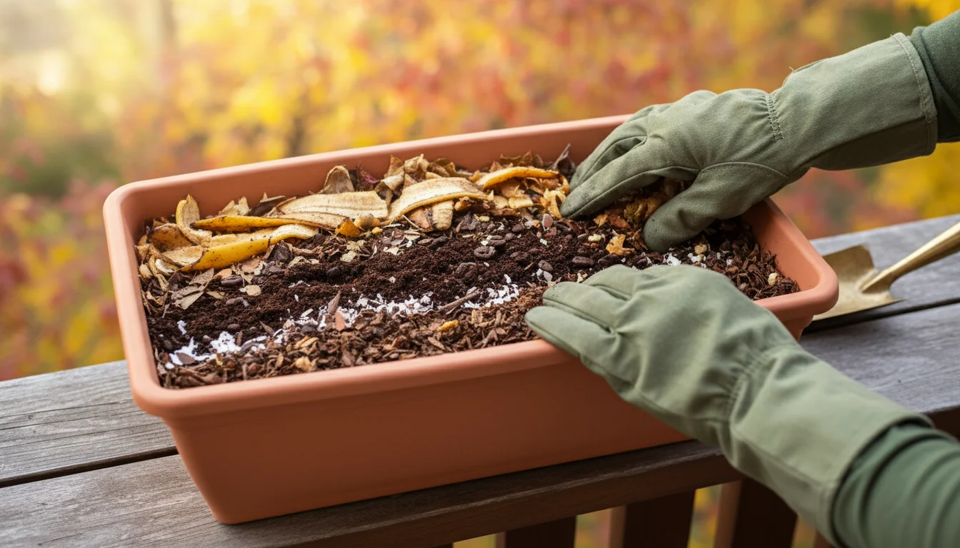 Hands in gardening gloves layering fall leaves and kitchen scraps into a rectangular terracotta balcony planter, showing distinct brown and green comp
