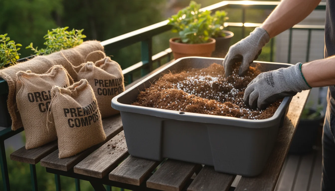 Hands in gardening gloves mix compost, perlite, and coir in a large plastic tub on a small balcony table.