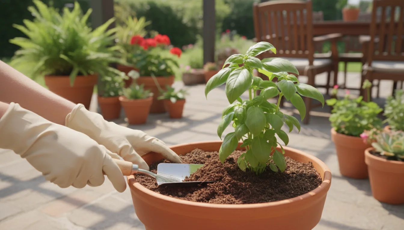 Hands in gardening gloves gently mix dark, crumbly compost into a terracotta pot with a thriving basil plant on a sunny patio.
