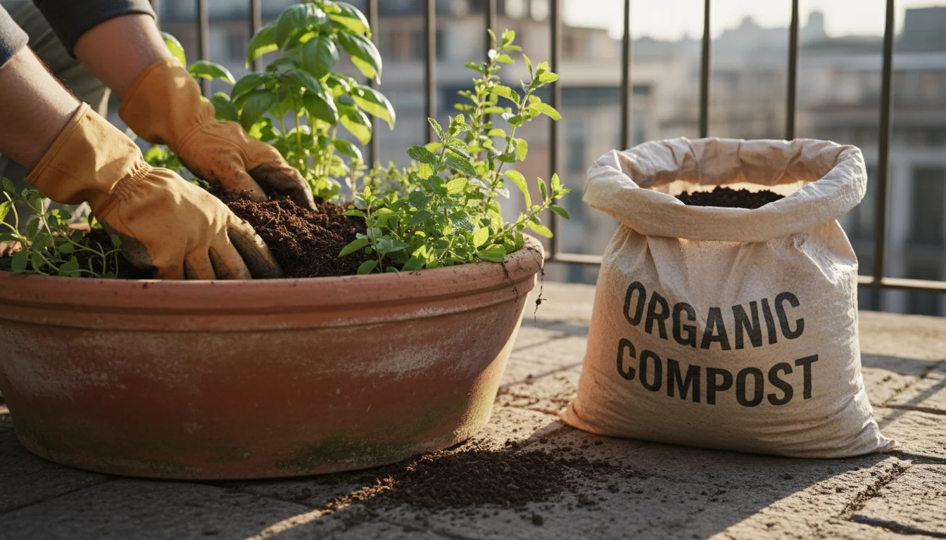 Hands in gardening gloves mix dark, rich compost into the soil of a terracotta herb pot on a sunlit urban patio.