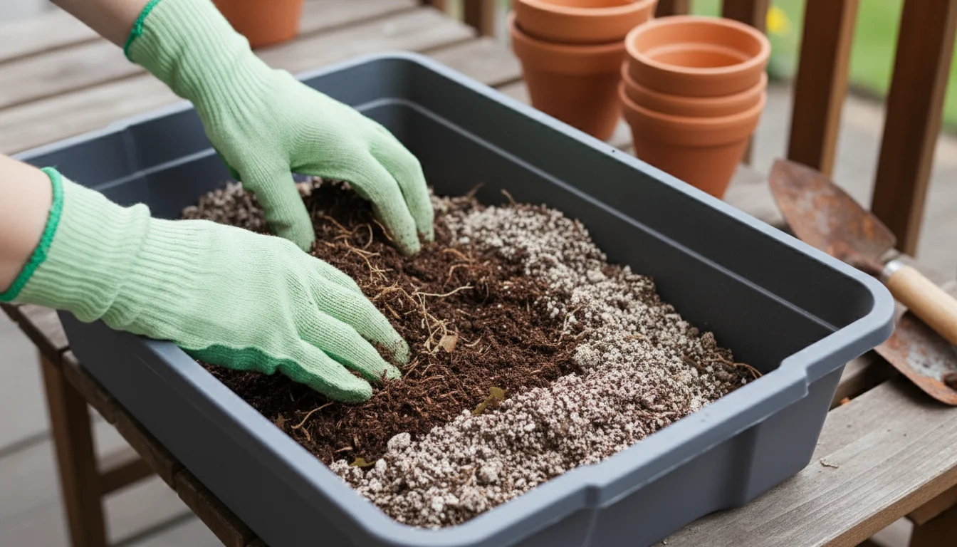 Hands in gardening gloves mixing dark, used potting soil with lighter, fresh compost in a shallow plastic tub on a balcony. Empty terracotta pots are