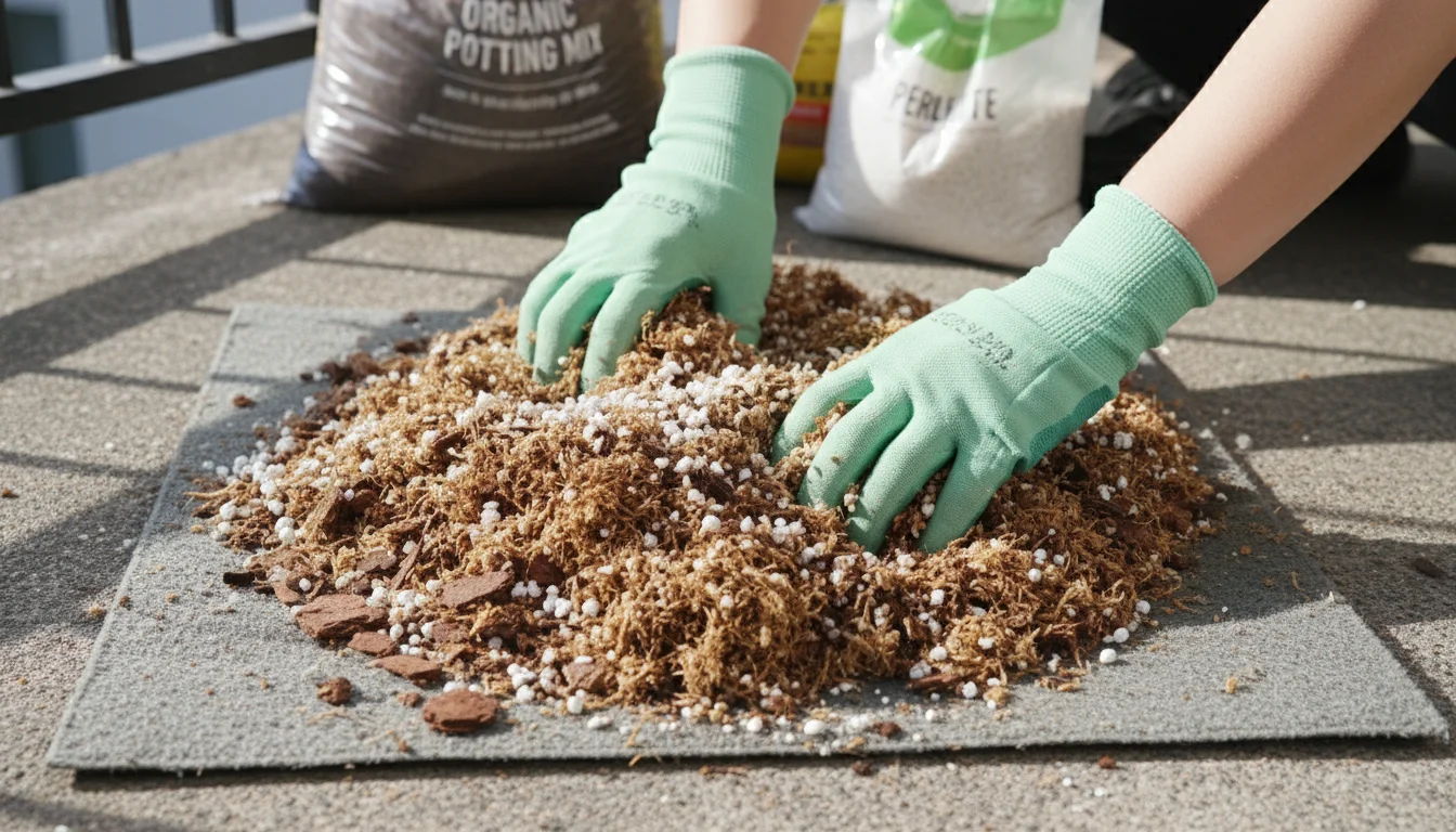 Hands in gardening gloves mixing light brown potting mix with white perlite on a grey mat on a balcony floor.