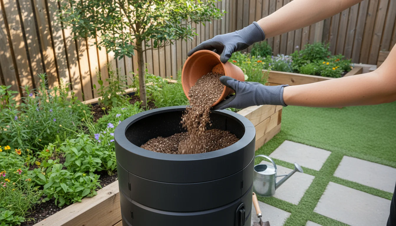 Hands in gardening gloves pour old potting mix from a terracotta pot into a compact compost tumbler on a bright patio.